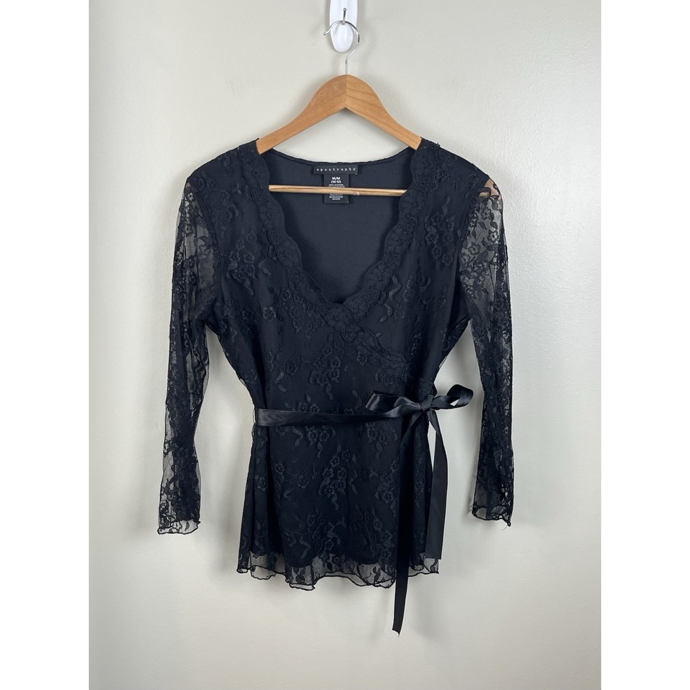 Apostrophe Top Women's Sz M Black Lace Sheer Mesh Long Sleeve Whimsey Goth Fairy